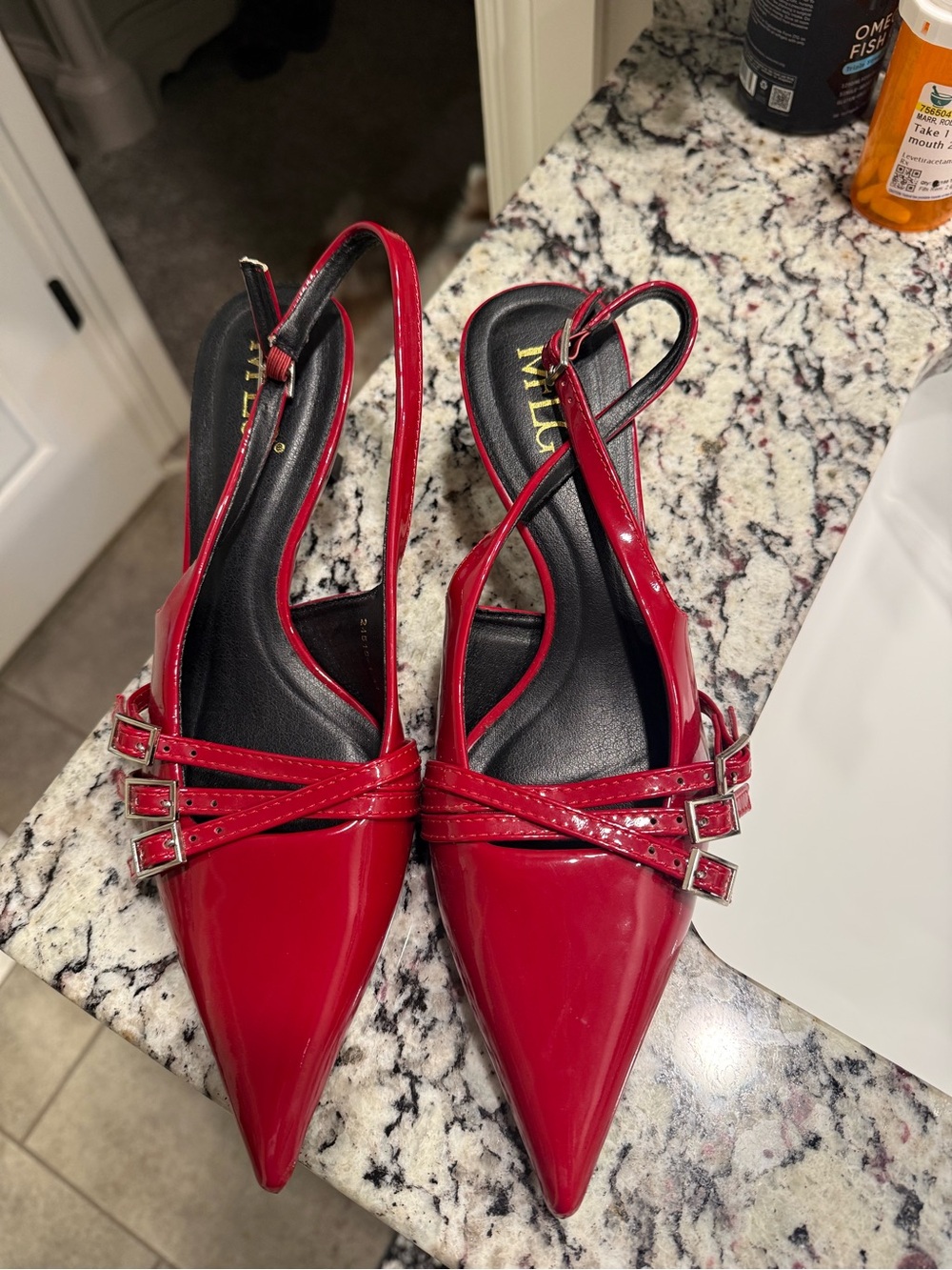 LG Red Patent Pointed Slingback Mules with Triple Buckle Detail